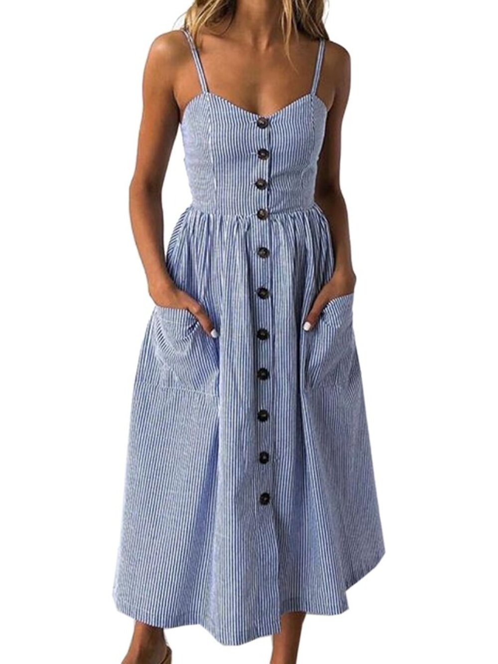 Women's Dresses-Summer Floral Bohemian Spaghetti Strap Button Down Swing Midi Dr - Picture 2 of 7